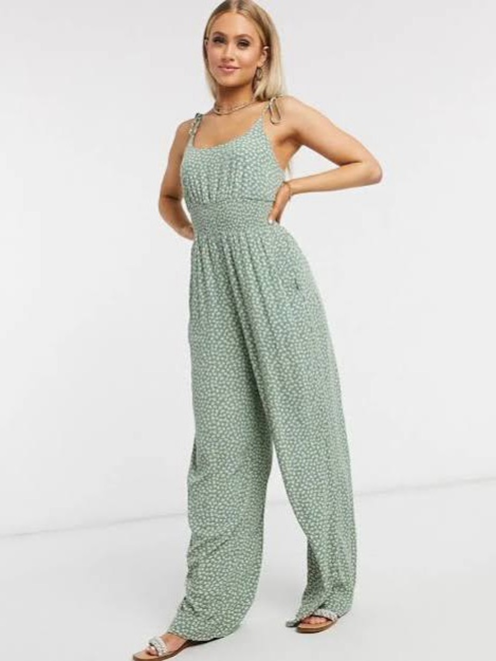 American Eagle Sage Green Floral Wide Leg Jumpsuit Smocked Cottagecore Small